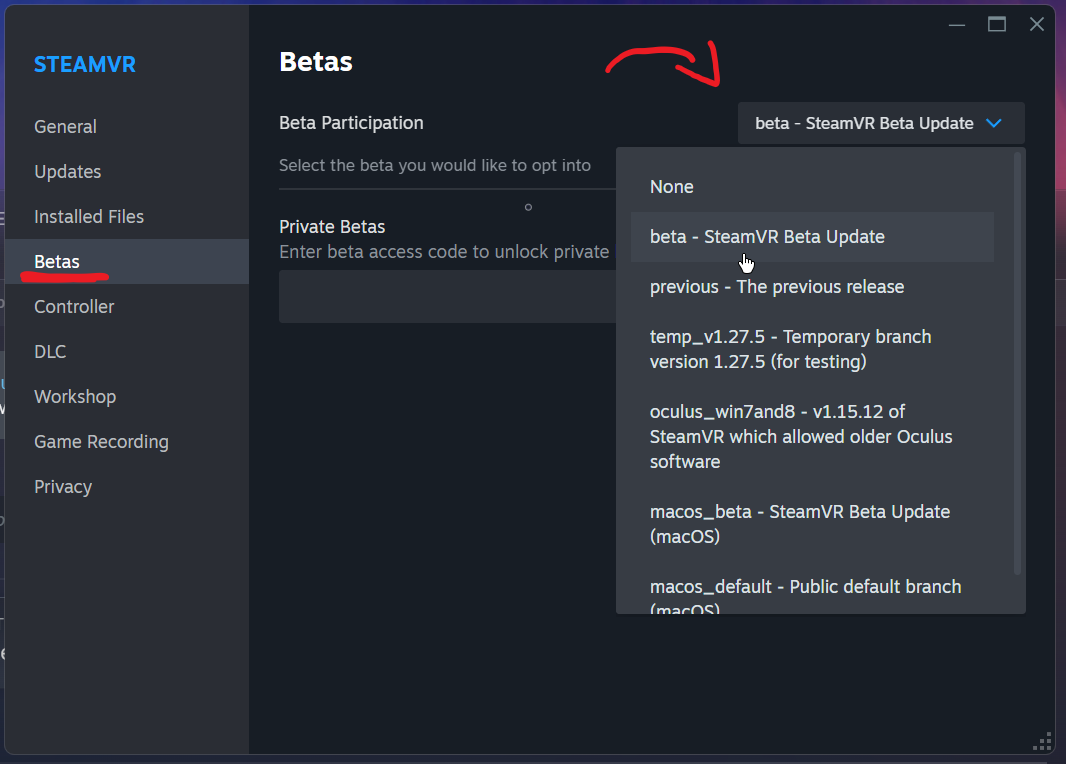 SteamVR Beta Selection